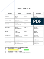 Unit 1 Verb "To Be": Affirmative Negative Interrogative Short Answers