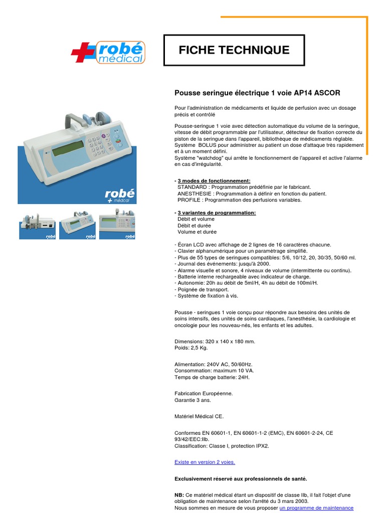 Fiche Technique: Pousse Seringue Électrique 1 Voie AP14 ASCOR | PDF