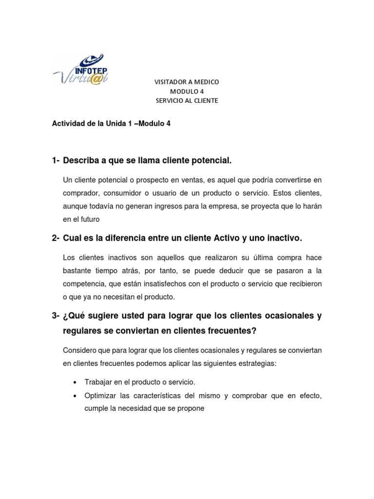 Actividad 1 Módulo 4 Servicio Al Cliente Pdf Cliente Creatividad