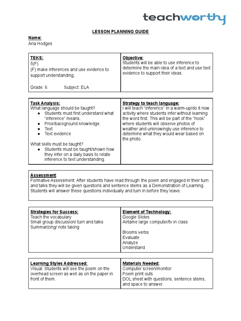 Lesson Planning Guide 1 | PDF | Educational Assessment | Education Theory
