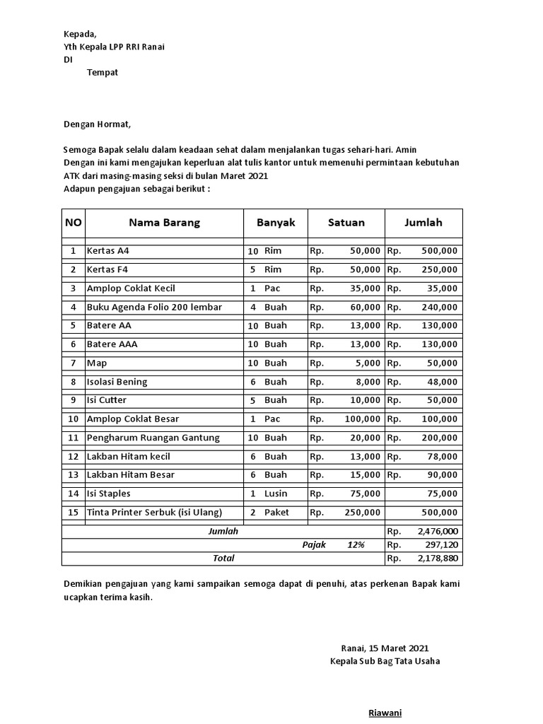 Pengajuan ATK Bulanan LPP RRI Ranai | PDF