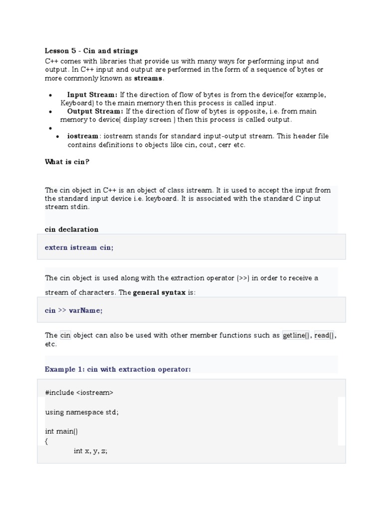 Lesson 5 - C++ Cin & Strings | PDF | C++ | String (Computer Science)