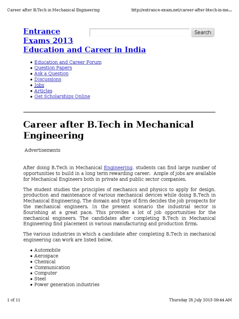 Career After B.Tech in Mechanical Engineering | PDF | Mechanical ...