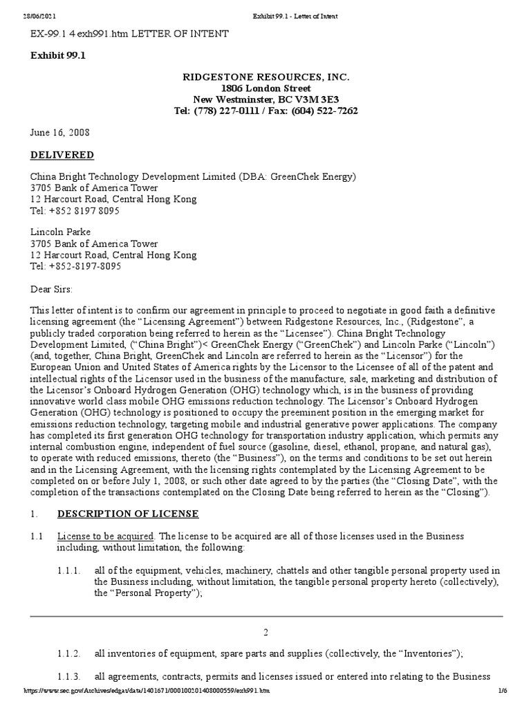 Exhibit 99.1 - Letter of Intent | PDF | License | Private Law