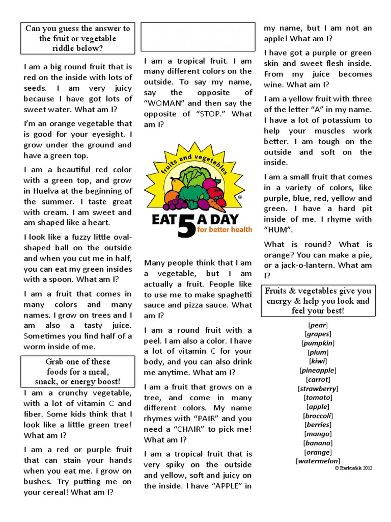 Fruit and Vegetable Riddle Challenge! Download Free PDF Fruit