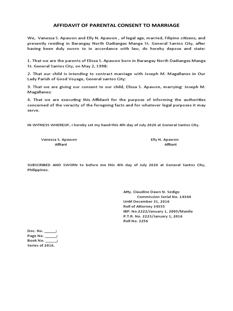 Parental Consent Affidavit for Marriage | PDF
