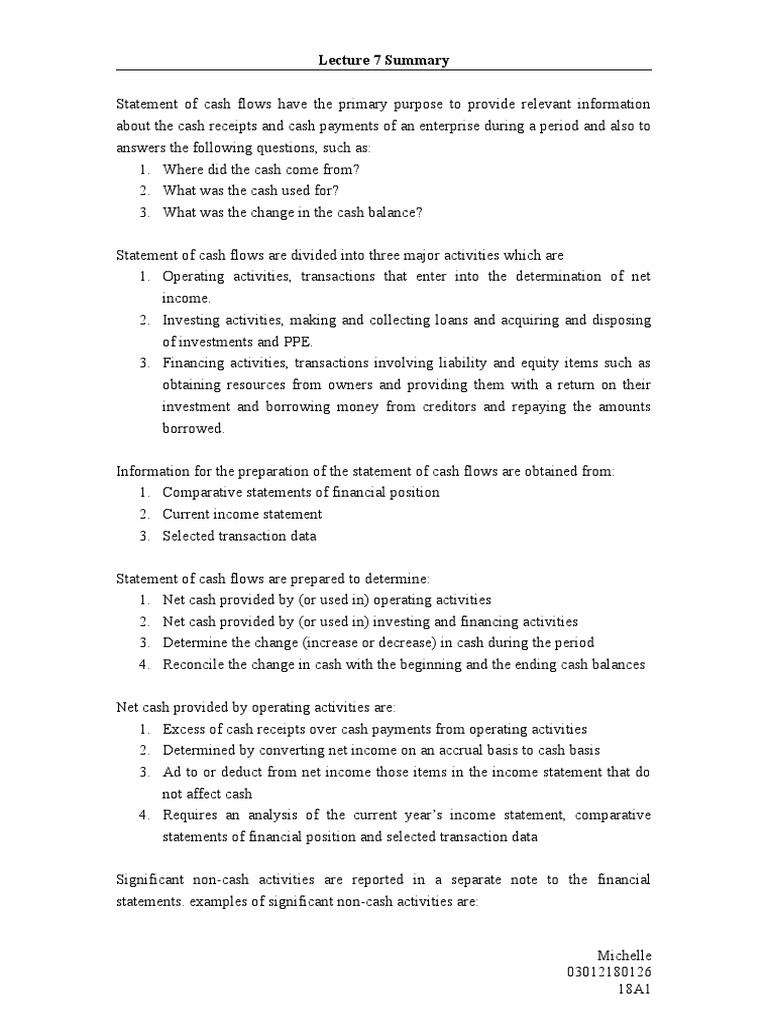 Lecture 7 Part 2 Summary | PDF | Cash Flow Statement | Balance Sheet