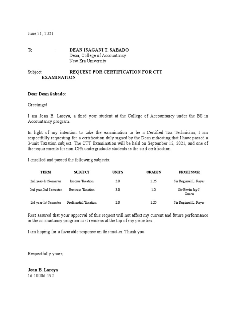 Request for Certification to Sit for the Certified Tax Technician