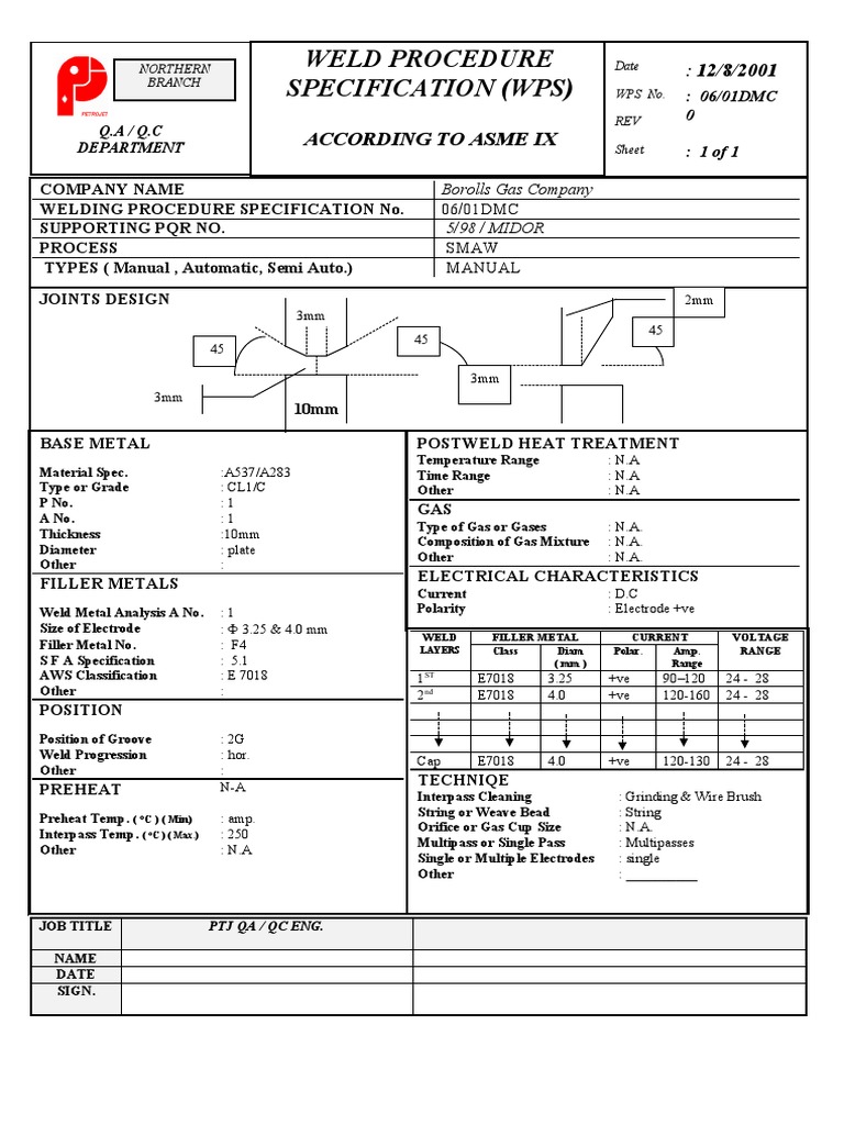 Weld Procedure Specification (WPS) : According To Asme Ix | Download ...