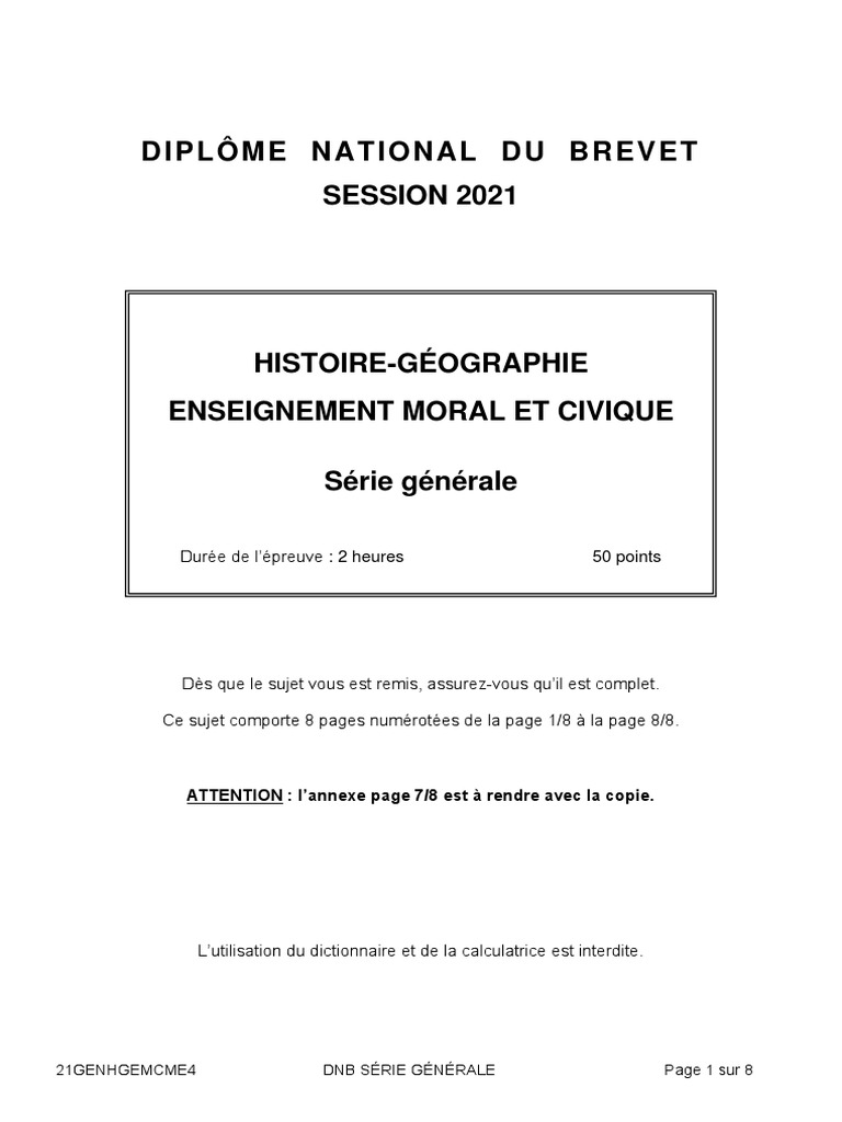 Histoire Géographie Brevet Blanc Brevet 2021 - Histoire-Géographie - Série Générale | PDF | France | Science