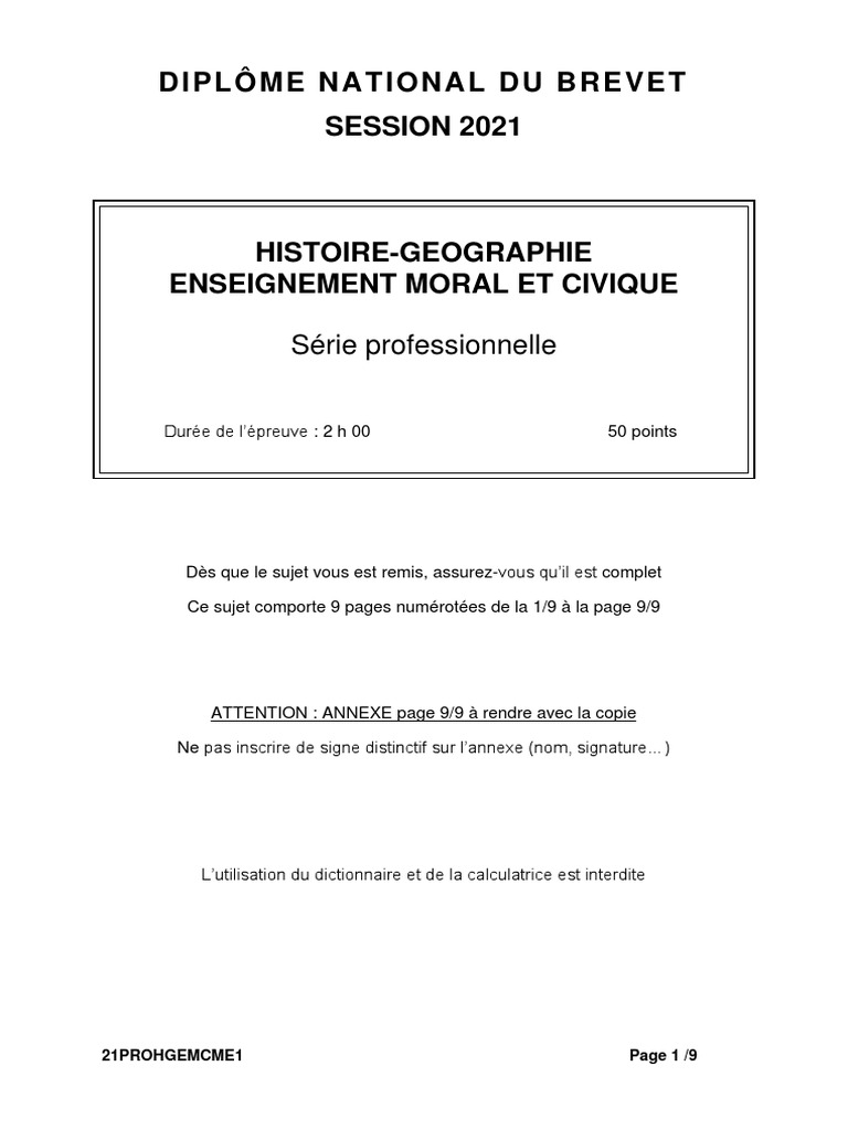 Brevet 2021 - Histoire-Géographie - Série Professionnelle | PDF | Troubles  | Gouvernement