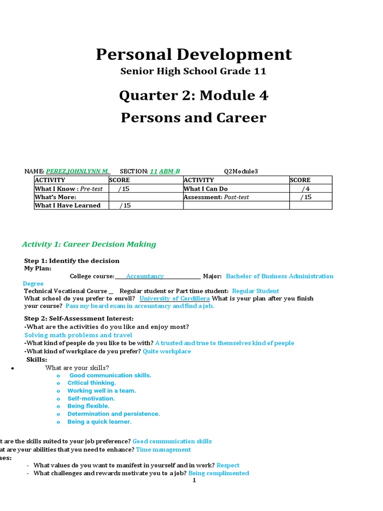 Personal development quarter 2 module 4 persons and career pdf