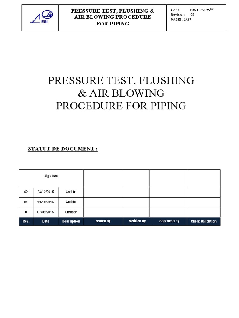 Pressure Test, Flushing & Air Blowing Procedure For Piping PDF Pipe