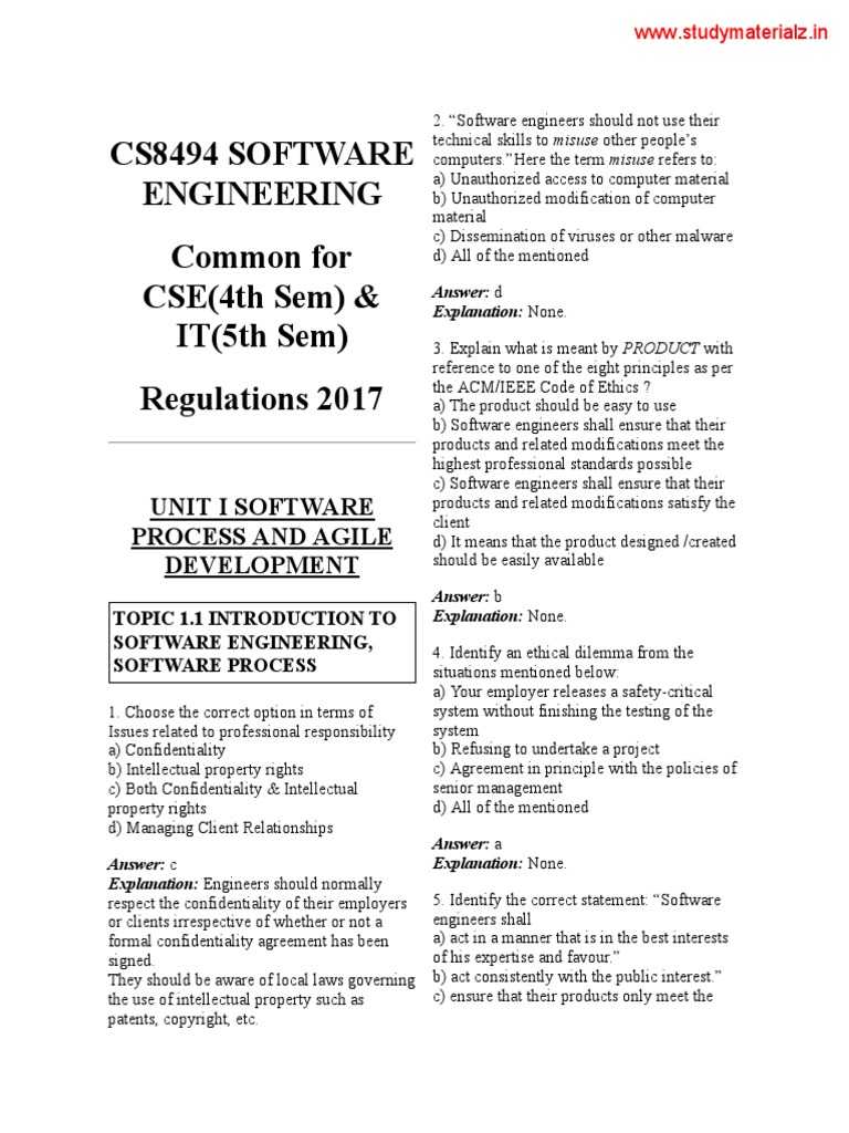 Cs8494 Software Engineering MCQ PDF