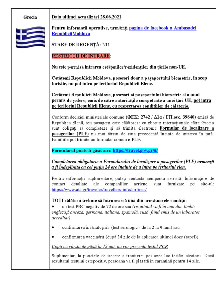Restrictii Calatorie Grecia 28.06.2021 | PDF