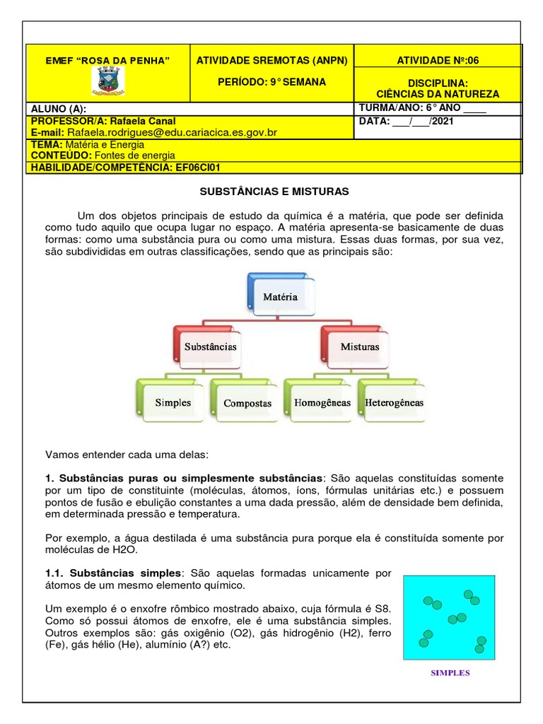 Ativ 6 Ciências 6° ano Subst e mistura | PDF | Mistura | Substancias ...