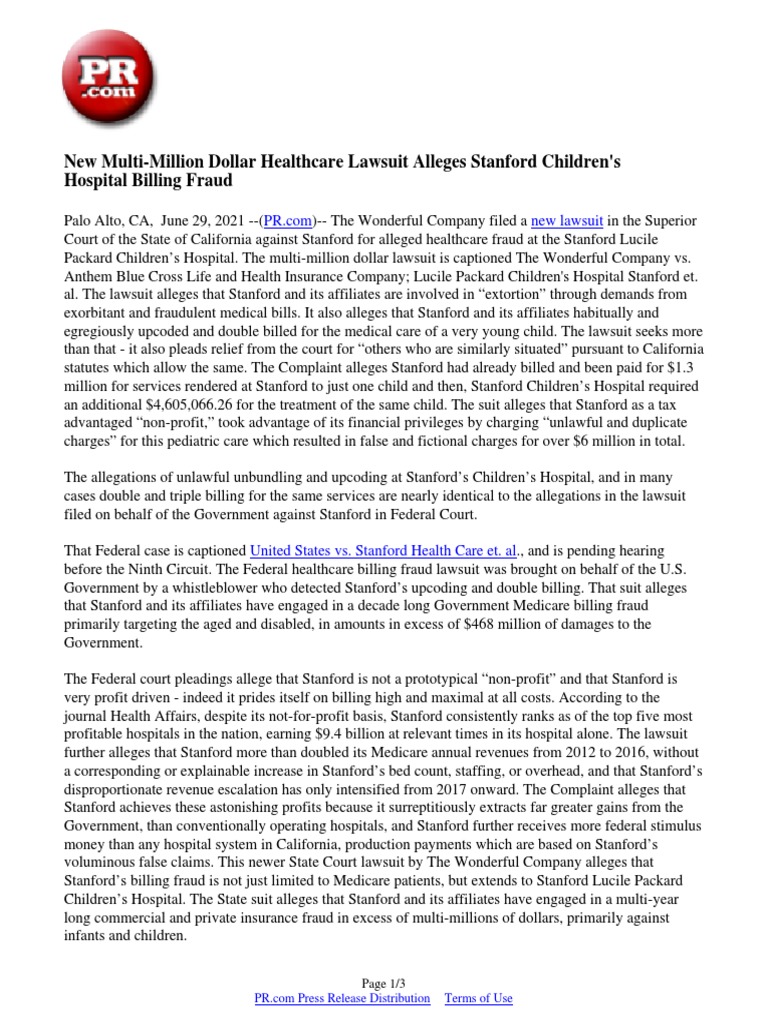 New MultiMillion Dollar Healthcare Lawsuit Alleges Stanford Children's