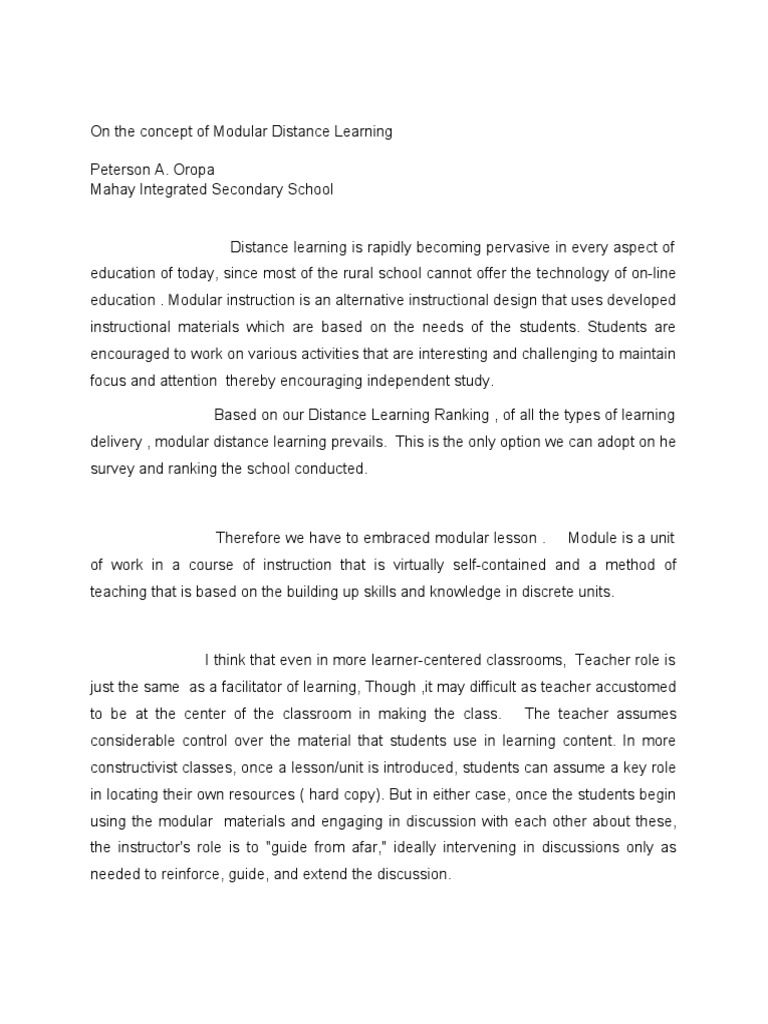 On The Concept of Modular Distance Learning PDF Distance Education Classroom