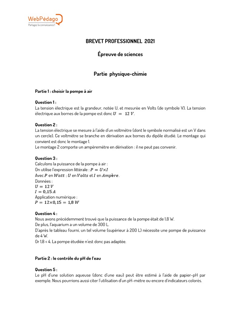 Sujet Et Corrigé Brevet Série Professionnelle Brevet Pro Sciences Corrige | PDF | Ph | Tension électrique