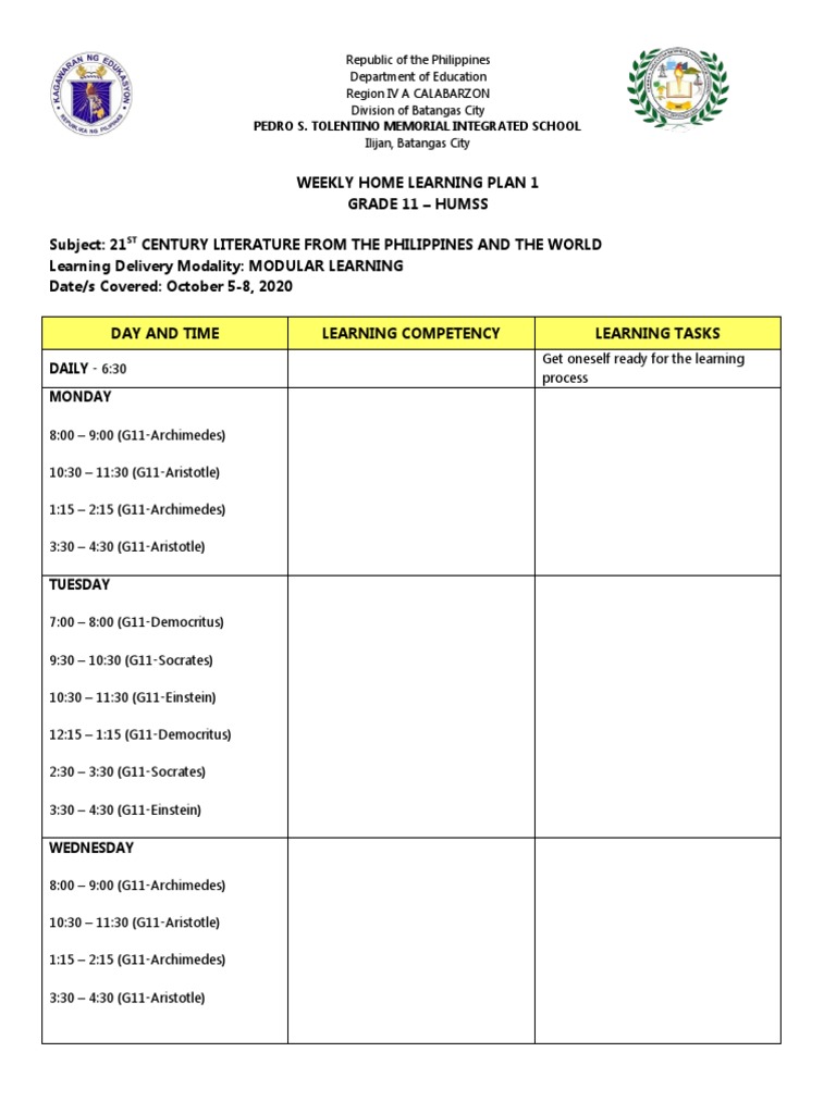 Grade 11 HUMSS Learning Plan | PDF
