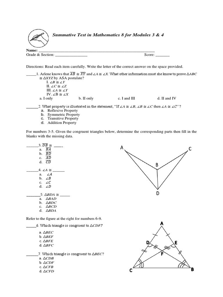 Math 8 Summative Test: Modules 3 & 4 | PDF | Euclid | Elementary ...