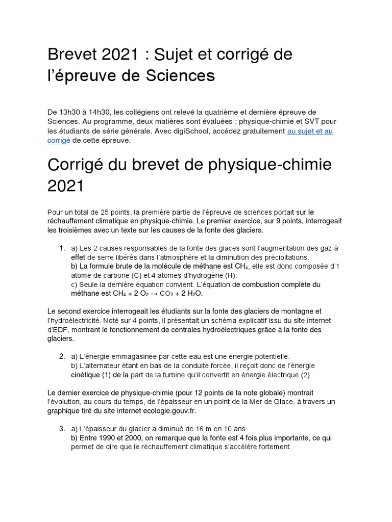 Sujet Brevet Maths 2021 Pdf Corrigé Article RTL - Corrigé de L'épreuve de Sciences - Brevet 2021 (1) - Converti  | PDF | Méthane | Photosynthèse