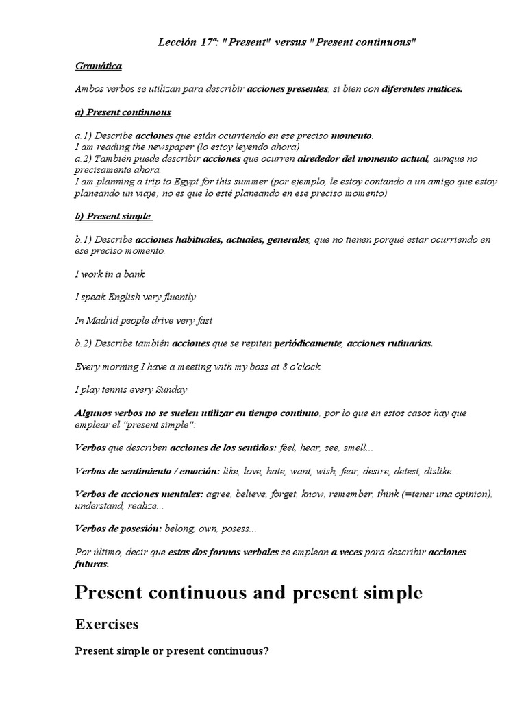Presente Simple y Continuo Exercises | PDF | Gramática ...