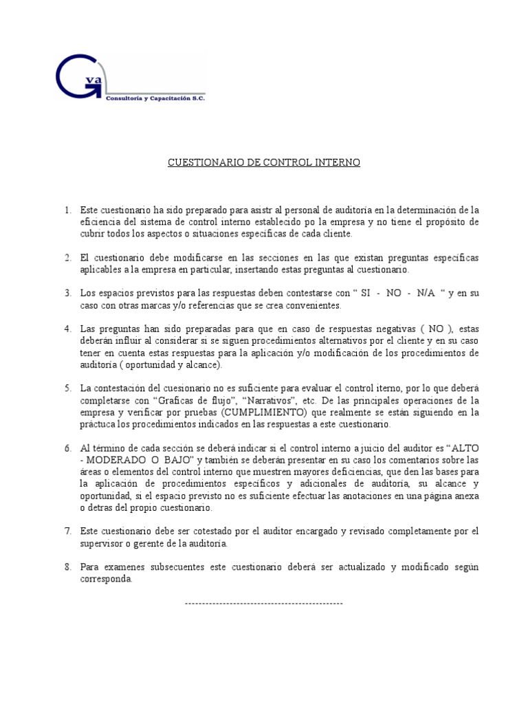 Cuestionario de Control Interno y Auditoría | PDF | Activo intangible ...