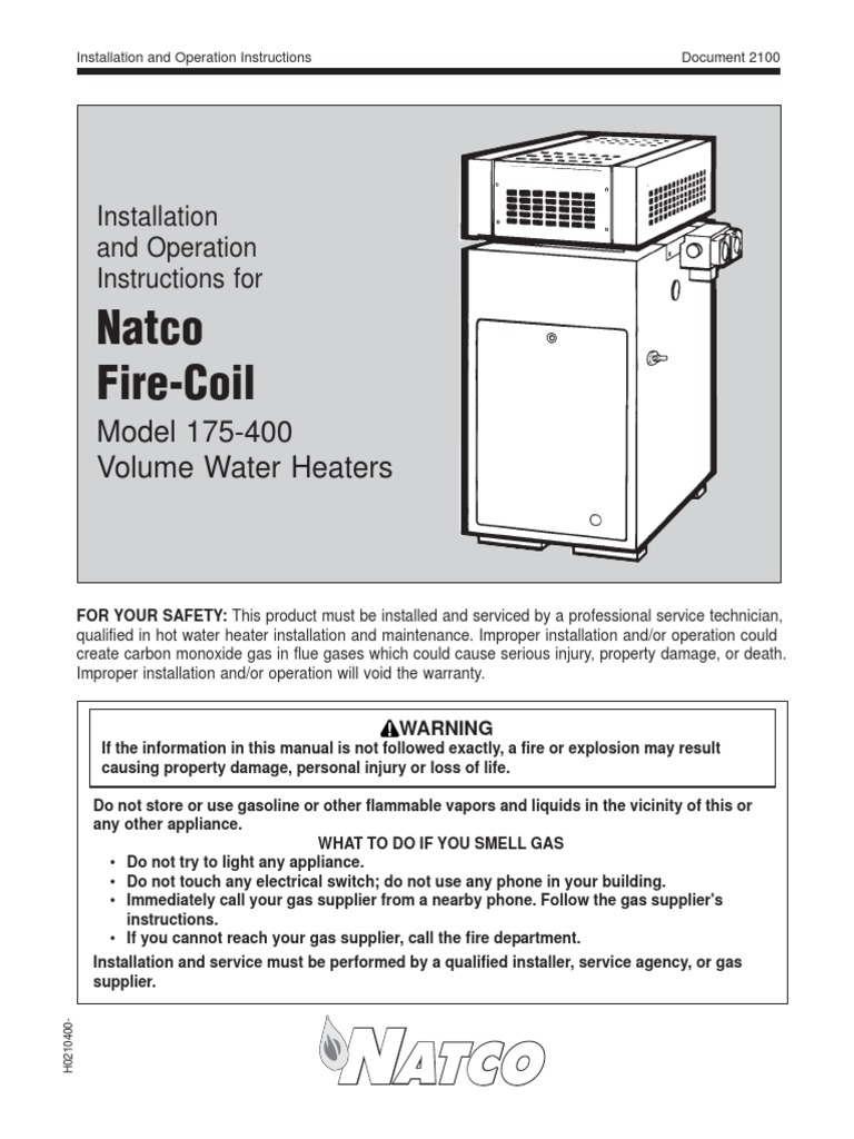 Natco Fire-Coil: Model 175-400 Volume Water Heaters | PDF | Water Heating |  Chimney