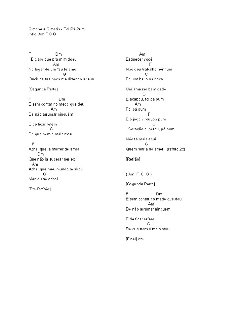 Simone e Simaria - Foi Pá Pum: Letra e Cifras | PDF