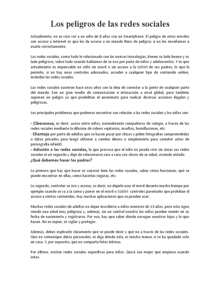 Peligros de las Redes Sociales en Niños | PDF | Red social | Acoso ...