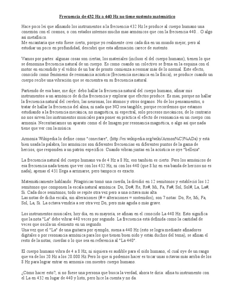 440 HZ Versus 432 HZ PDF Escala (música) Harmónica