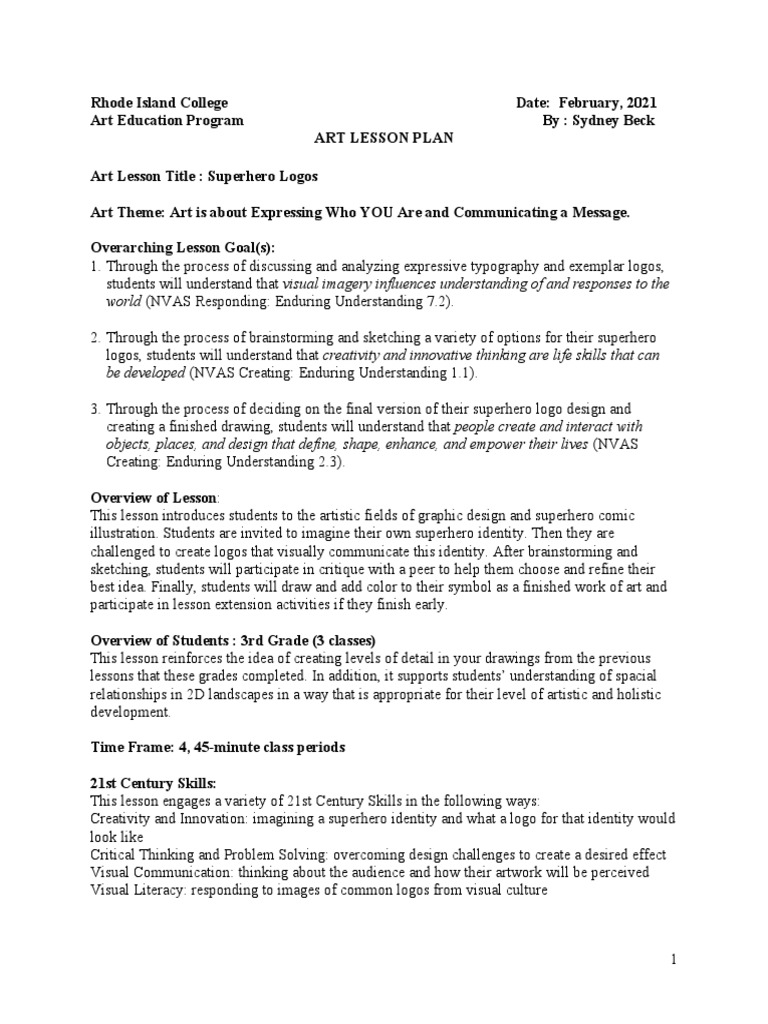 Final Superhero Logos Lesson Plan | PDF | Logos | Drawing