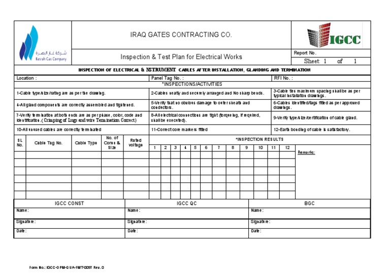 Electrical Cable Inspection Plan | PDF | Electrical Wiring | Power ...