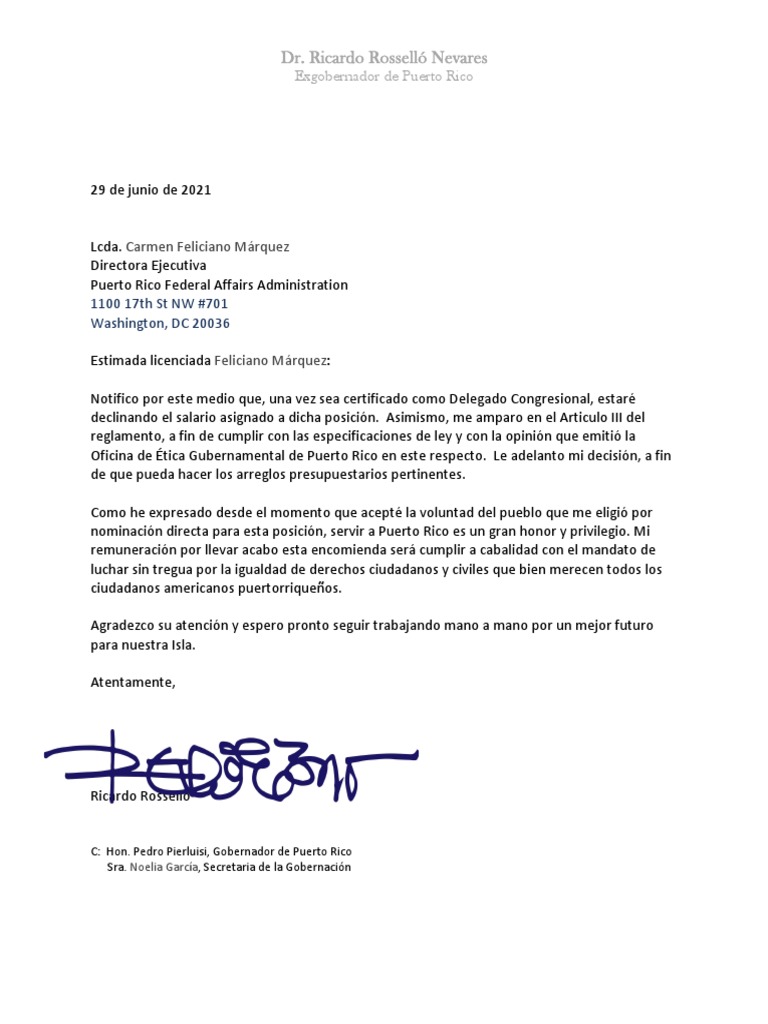 Carta de Ricardo Rosselló A Prfaa Declinando Sueldo Como Cabildero | PDF