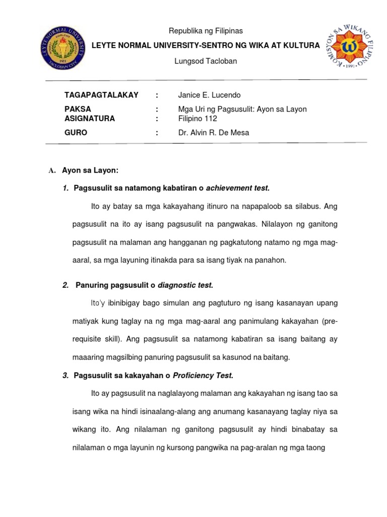G8 Mga Uri NG Pagsusulit Handawt LucendoMacalalag Malate | PDF