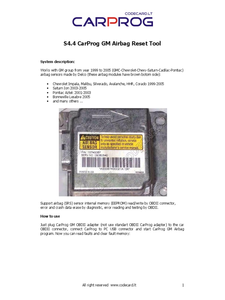 CARPROG GM Airbag Reset Manual PDF