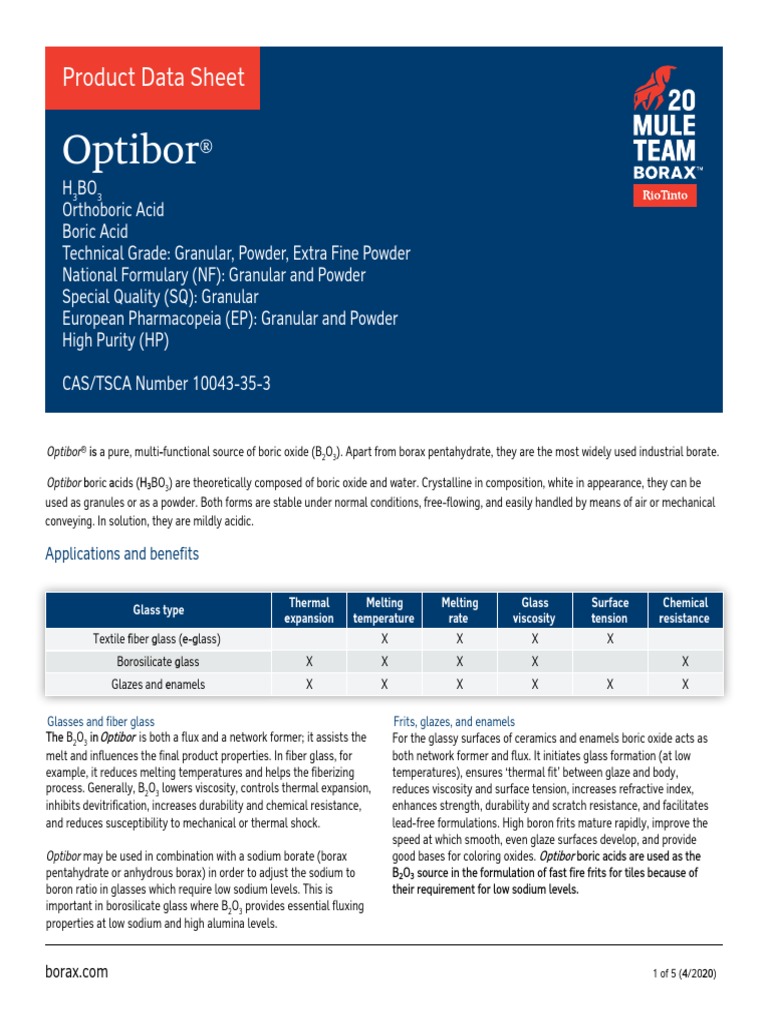 Optibor: Product Data Sheet | PDF | Boron | Glasses