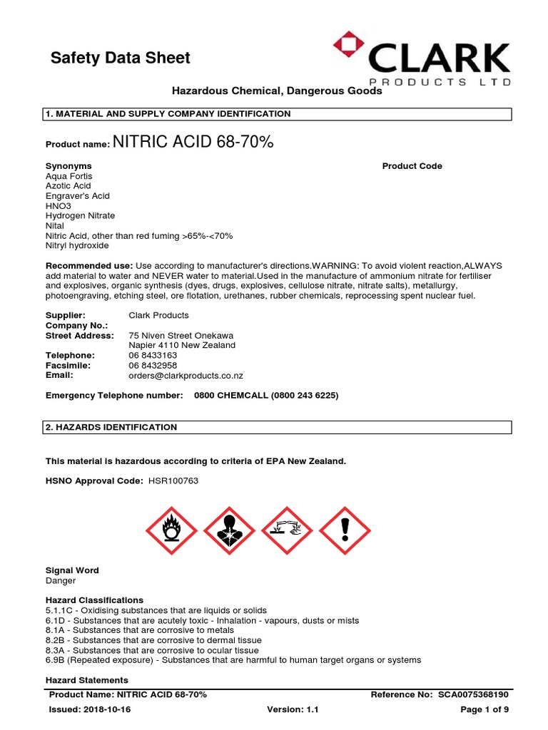 NITRIC ACID 6870 Safety Data Sheet PDF Dangerous Goods Toxicity