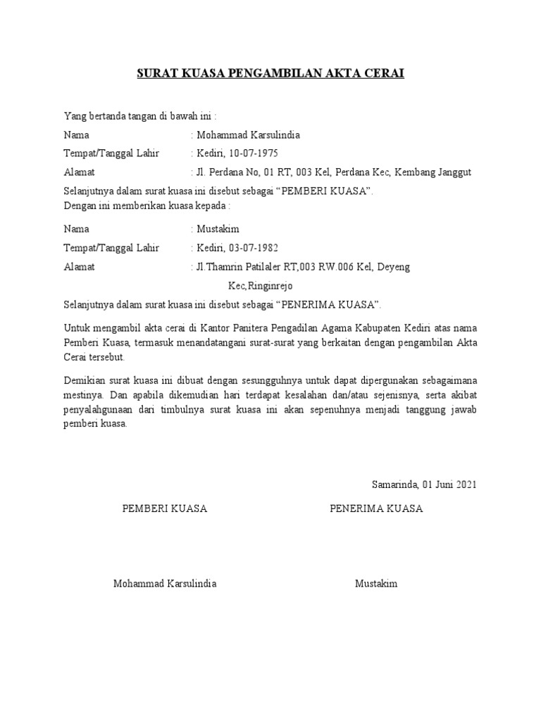 Surat Kuasa Pengambilan Akta Cerai | PDF