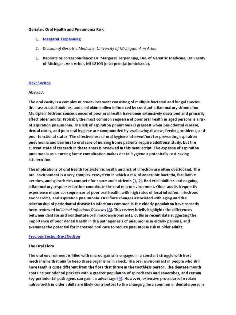 Geriatric Oral Health and Pneumonia Risk PDF Pneumonia Oral Hygiene