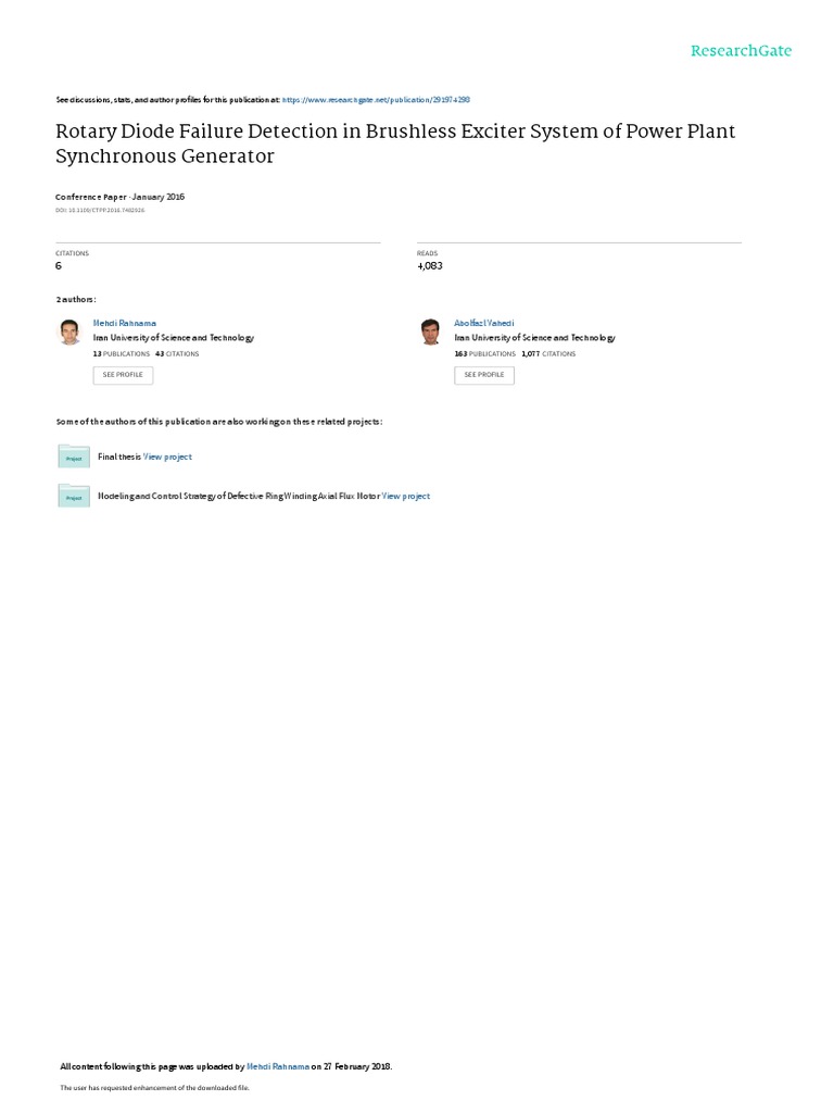Rotary Diode Failure Detection in Brushless Exciter System of Power