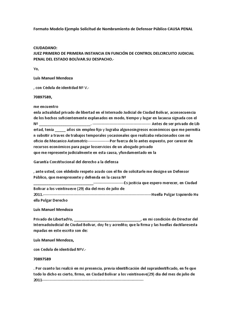 Formato Modelo Ejemplo Solicitud de Nombramiento de Defensor Público CAUSA  PENAL | PDF, image size:768x1024
