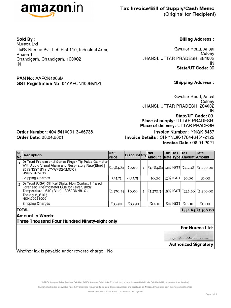 Temperature Scanner and Oximeter Bill of Amazon Bill | PDF | Invoice ...