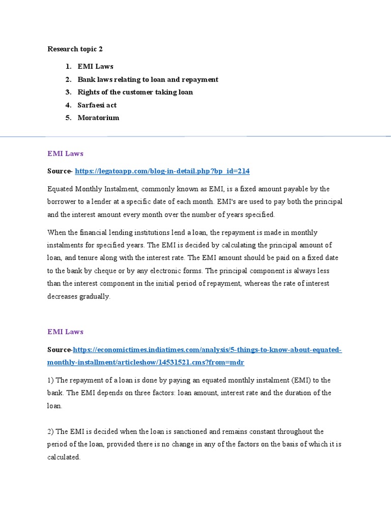 Research Topic 2 1. EMI Laws 2. Bank Laws Relating To Loan and
