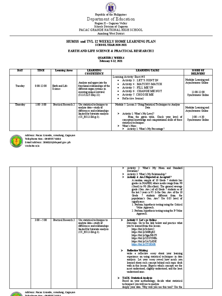 WEEKLY HOME LEARNING PLAN Week 6 | PDF | Statistical Hypothesis Testing ...