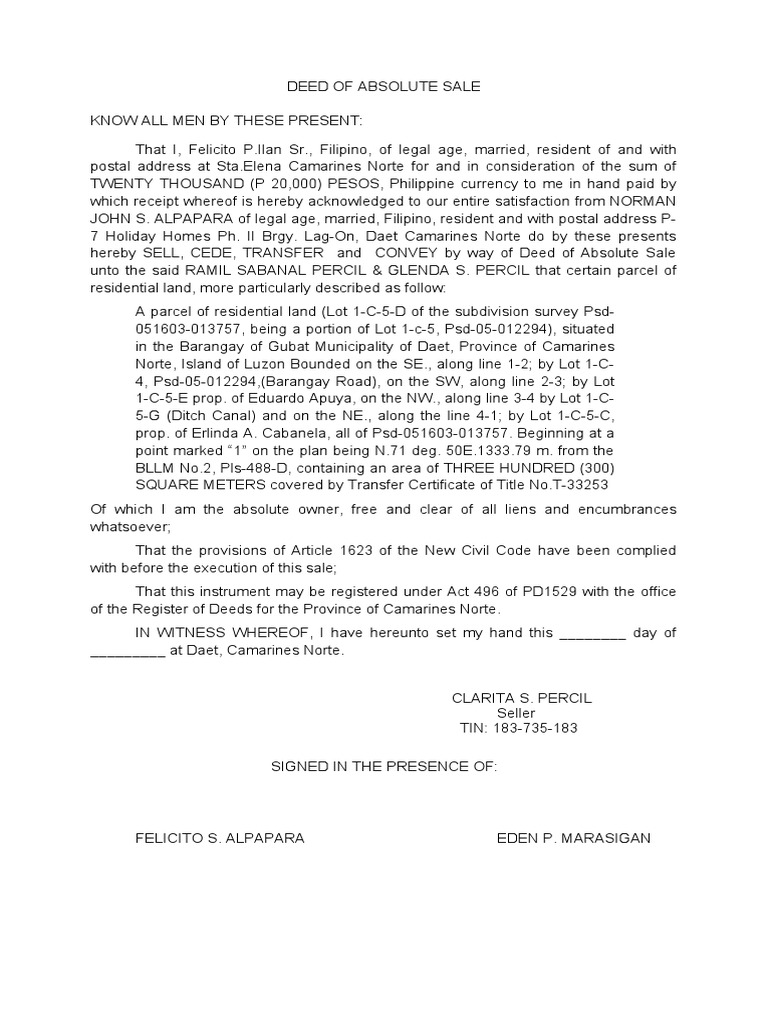 DEED OF ABSOLUTE SALE Tricycle PDF Power Of Attorney Civil Law