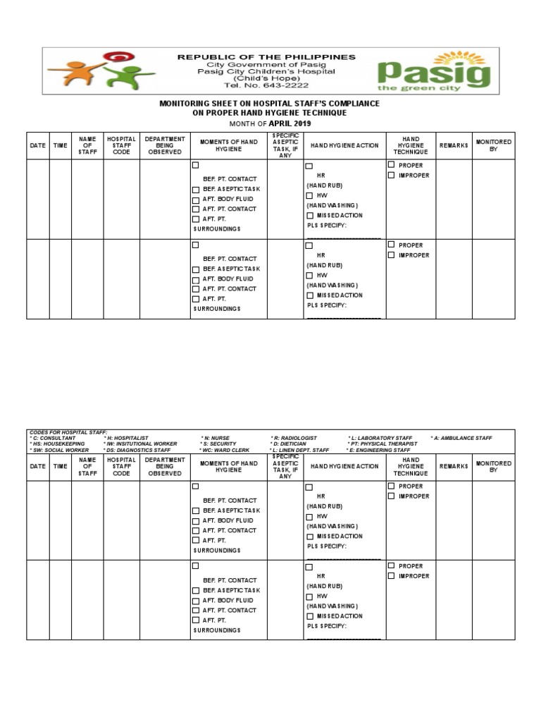 HAND HYGIENE MONITORING SHEET (Revised) | Clinical Medicine | Hand Washing