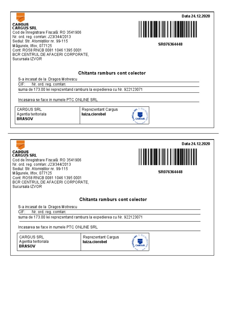 Chitanta Ramburs Cont Colector: Data 24.12.2020 | PDF