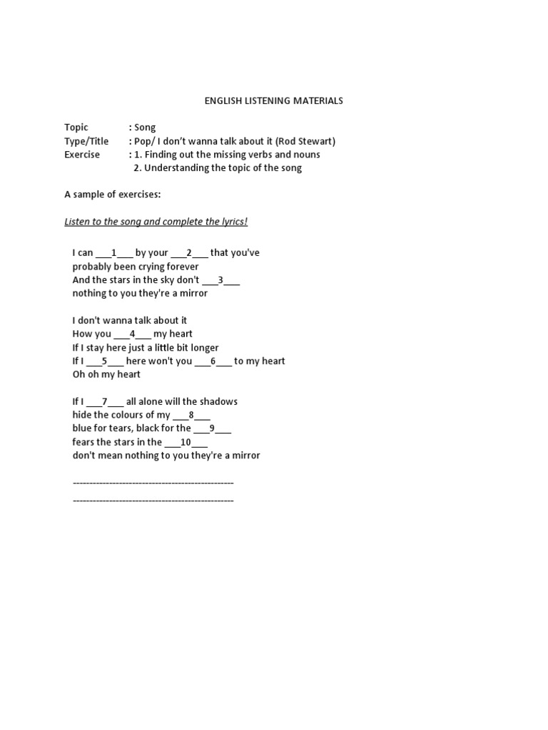 Listen To The Song And Complete The Lyrics Pdf Leisure Stars
